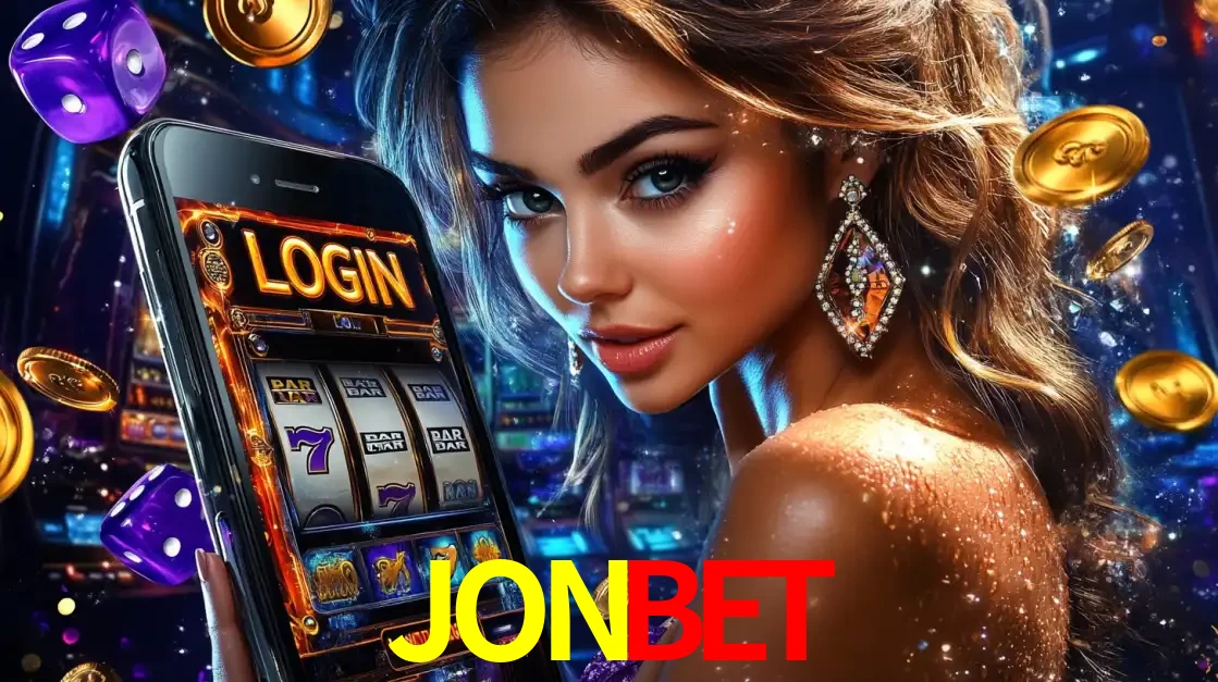 Mulher glamorosa segurando um smartphone com a tela de login para os jogos de caça-níqueis do cassino online JONBET, com moedas de ouro e dados ao redor.
