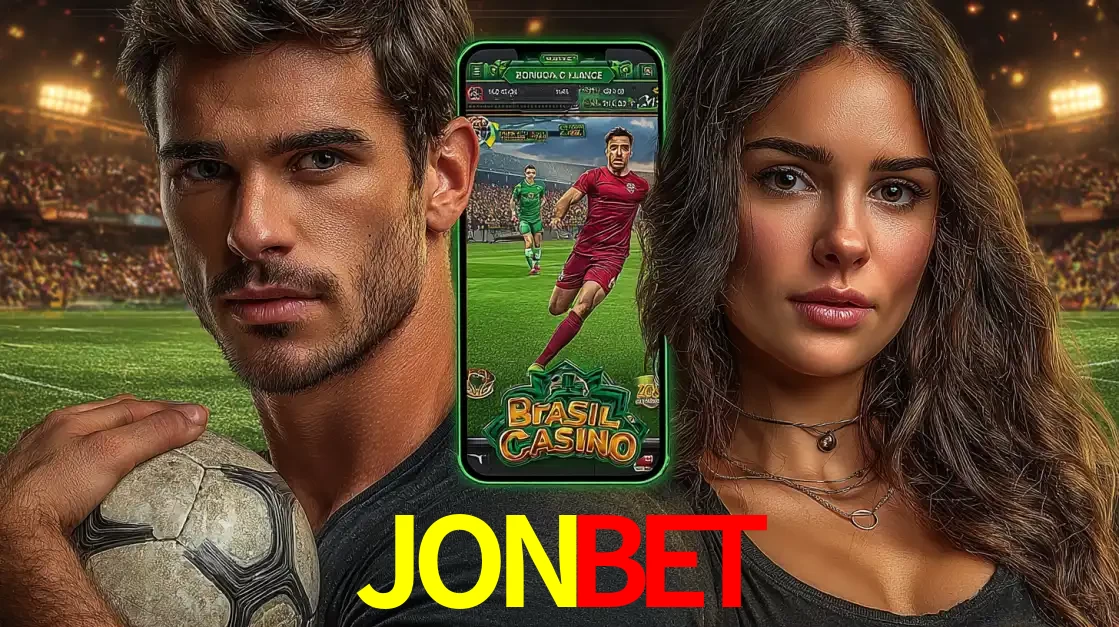 Homem segurando uma bola de futebol e uma mulher ao lado de um smartphone exibindo o jogo de apostas esportivas da JONBET. Faça seu palpite no cassino online.